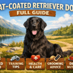 Adult Flat-Coated Retriever standing on grass, showing shiny black coat and athletic build