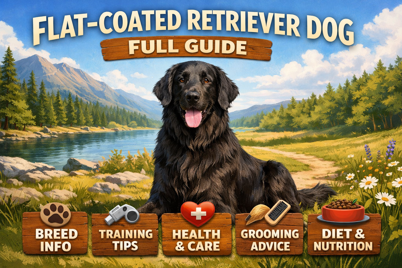 Adult Flat-Coated Retriever standing on grass, showing shiny black coat and athletic build
