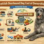 Scottish Deerhound resting indoors, representing space, feeding, and veterinary costs