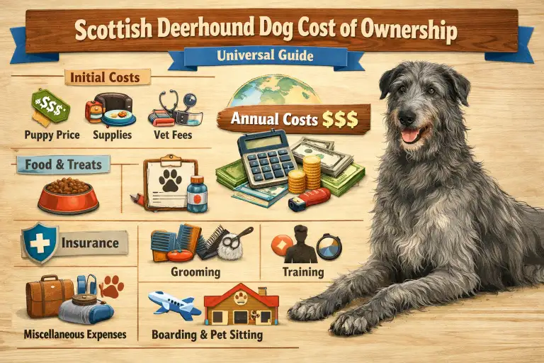 Scottish Deerhound resting indoors, representing space, feeding, and veterinary costs