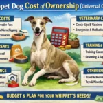 Whippet dog resting indoors in a home environment, representing everyday ownership expenses