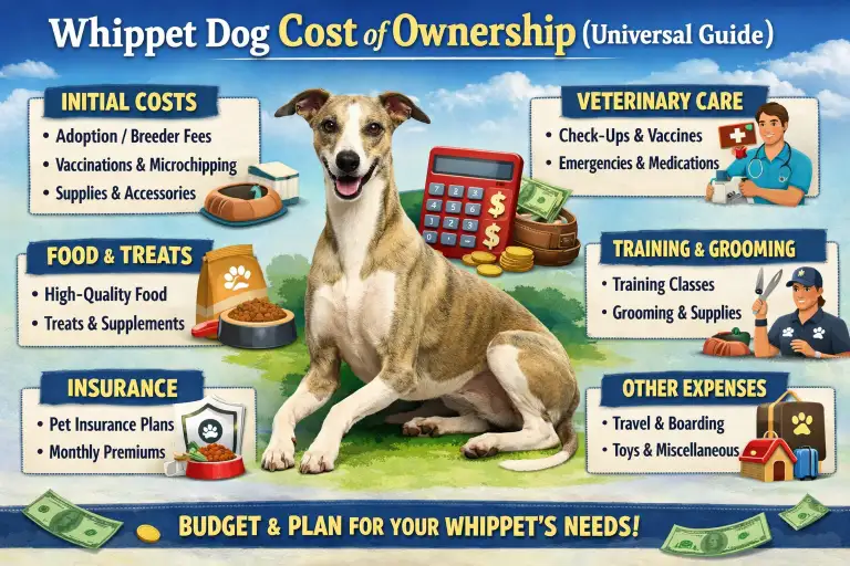 Whippet dog resting indoors in a home environment, representing everyday ownership expenses