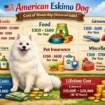 American Eskimo dog relaxing indoors, representing grooming, feeding, and care costs
