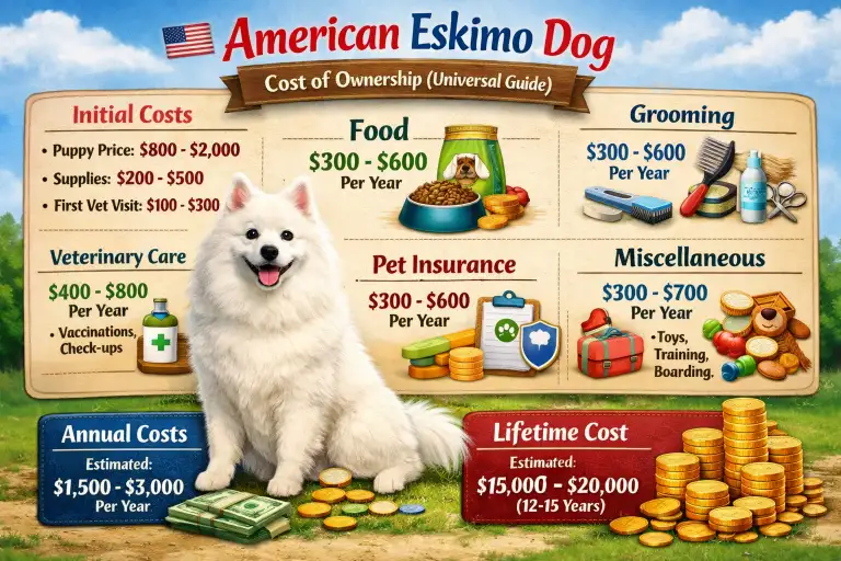 American Eskimo dog relaxing indoors, representing grooming, feeding, and care costs