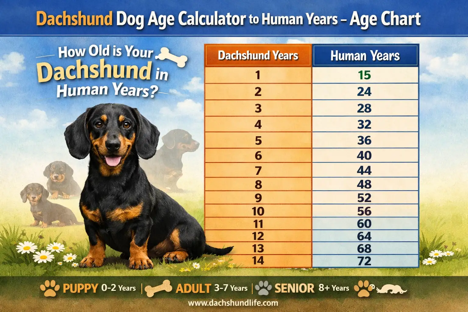 Dachshund age chart showing Dachshund years to human years by life stage