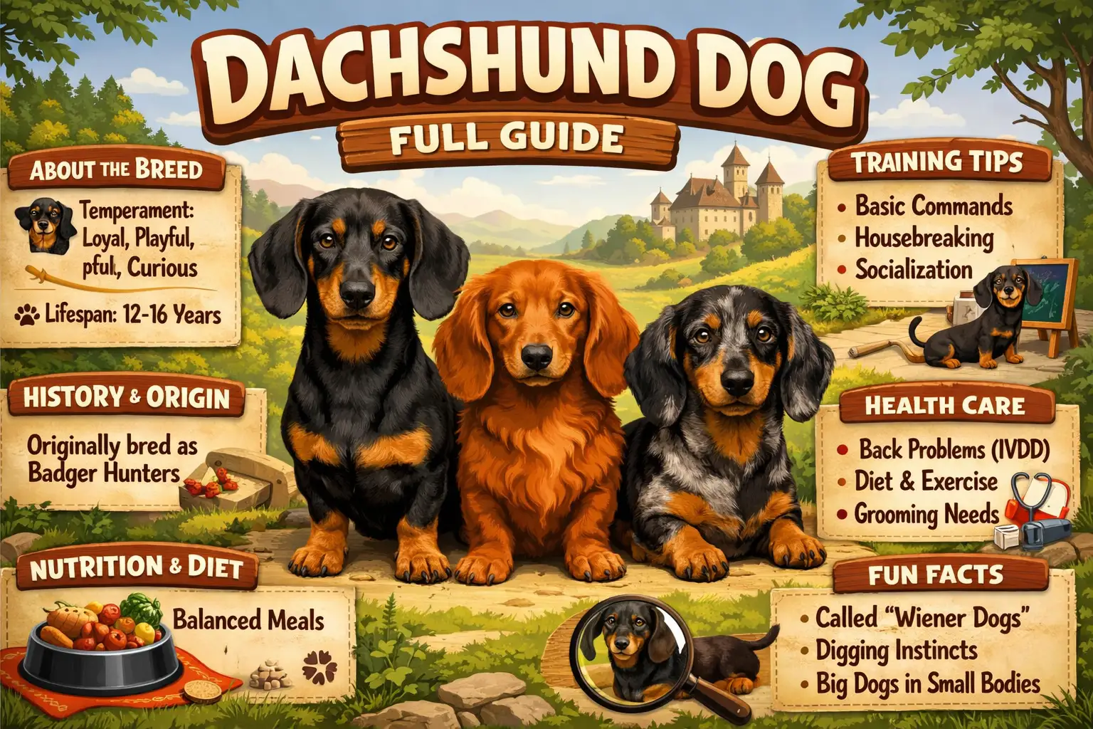 Adult Dachshund dog breed standing outdoors, showing long body, short legs, alert expression, and classic Dachshund appearance