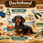 Dachshund being gently groomed at home with brushing, coat care, and basic hygiene routine