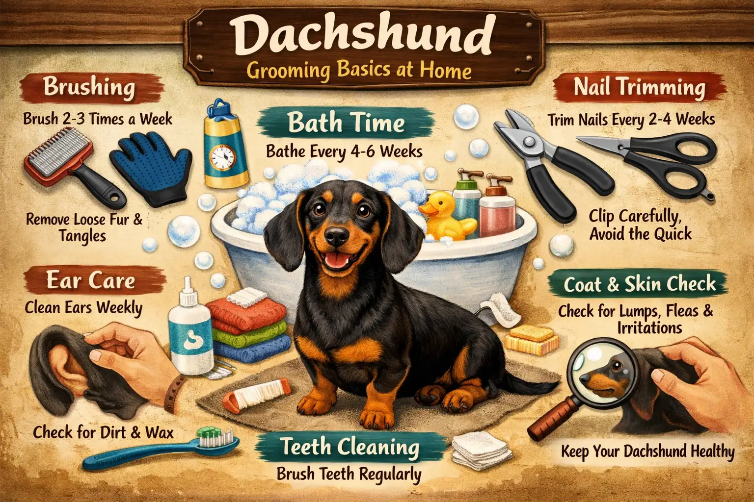 Dachshund being gently groomed at home with brushing, coat care, and basic hygiene routine
