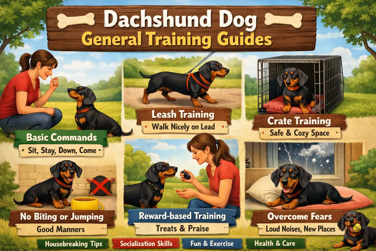 Dachshund training session with an owner teaching a Dachshund basic obedience using treats indoors