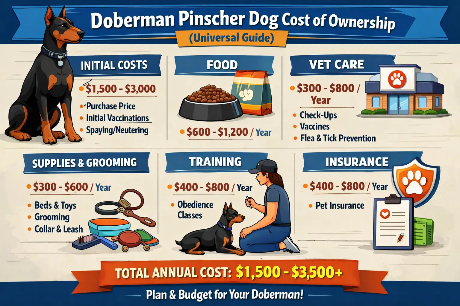 Cost of owning a Doberman Pinscher including monthly expenses, annual maintenance costs, healthcare, food, training, and lifetime ownership costs