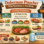 Healthy Doberman Pinscher eating a balanced diet with proper food portions and nutrition plan