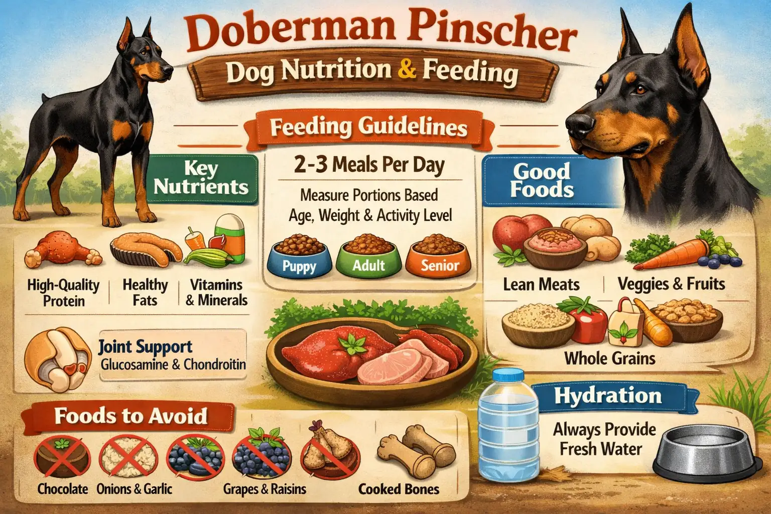 Healthy Doberman Pinscher eating a balanced diet with proper food portions and nutrition plan