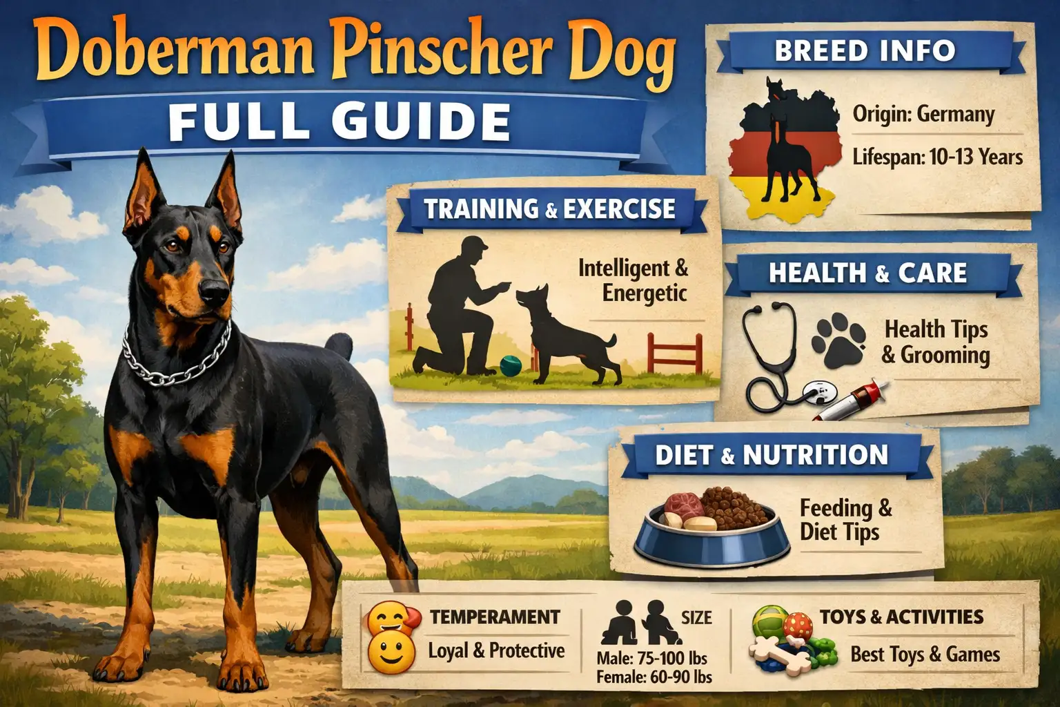 Doberman Pinscher dog standing outdoors showing the breed's athletic build and alert temperament