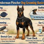 Doberman Pinscher receiving coat grooming and brushing as part of a healthy grooming routine