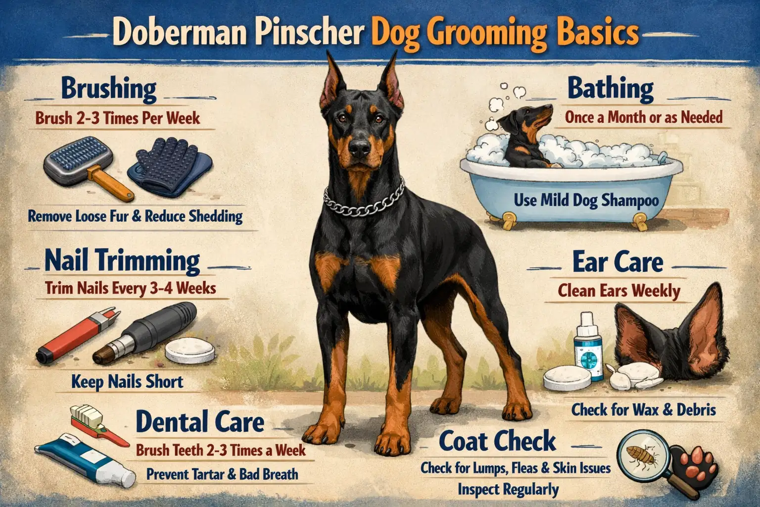 Doberman Pinscher receiving coat grooming and brushing as part of a healthy grooming routine