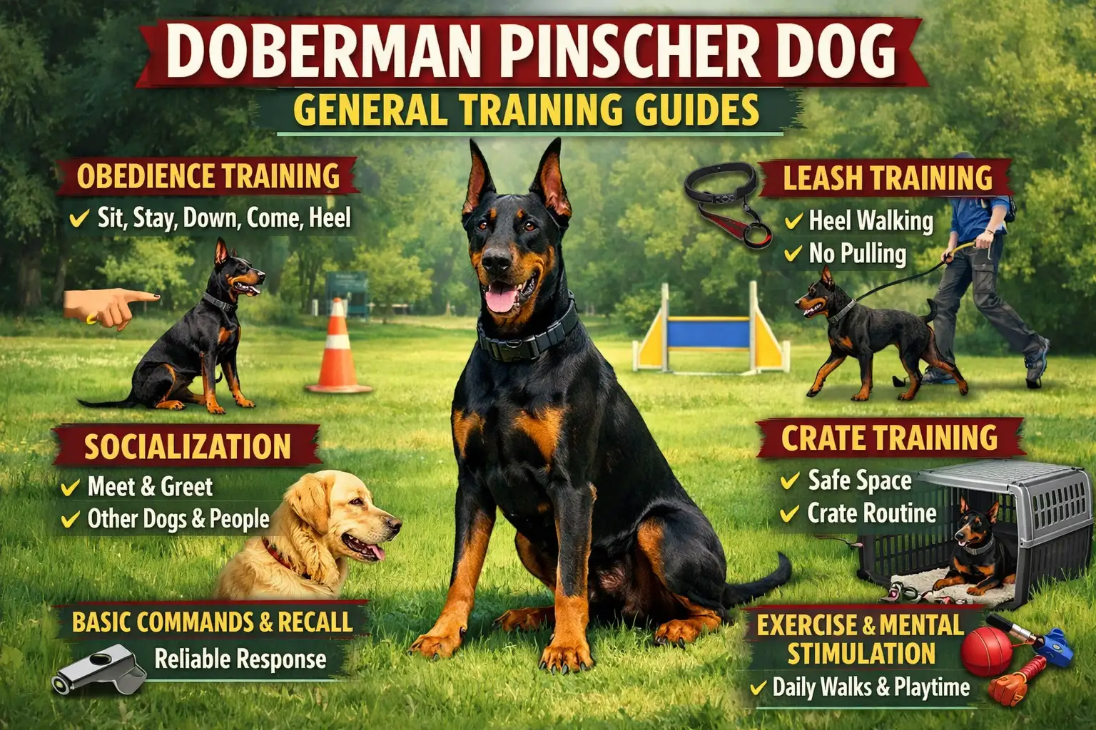 Doberman Pinscher receiving obedience training from owner