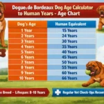 Dogue de Bordeaux dog shown at puppy, adult, and senior stages for age comparison