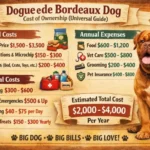Dogue de Bordeaux dog with owner representing long-term costs such as food, healthcare, and grooming