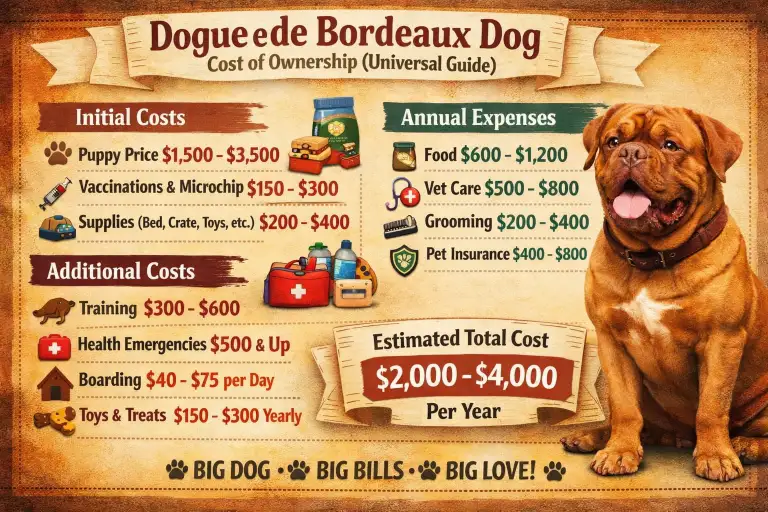 Dogue de Bordeaux dog with owner representing long-term costs such as food, healthcare, and grooming