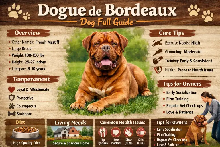 Dogue de Bordeaux dog standing confidently outdoors, displaying its muscular build and wrinkled face