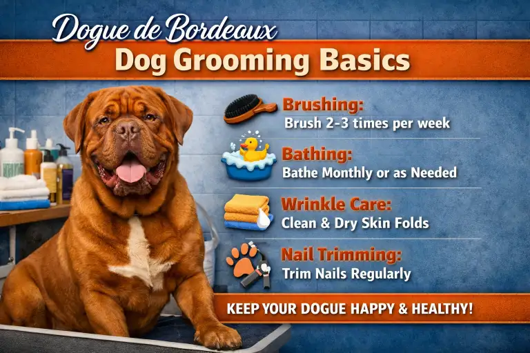 Dogue de Bordeaux dog receiving grooming care focused on coat, wrinkles, and facial folds