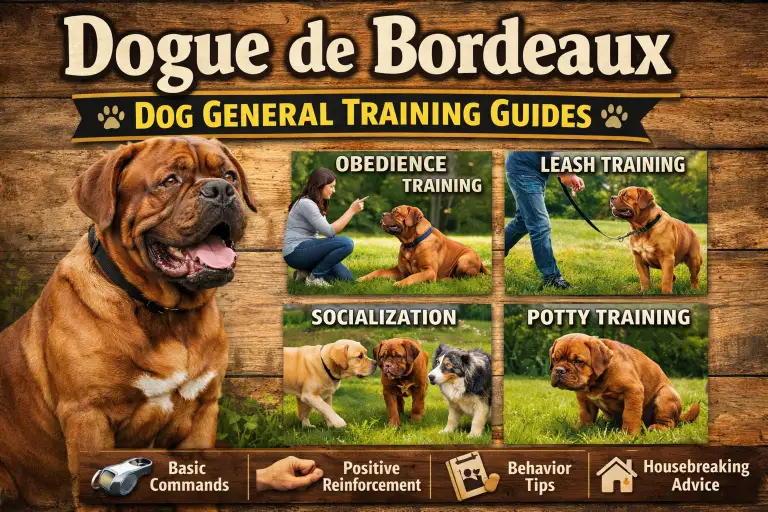 Dogue de Bordeaux dog undergoing basic obedience training with its handler