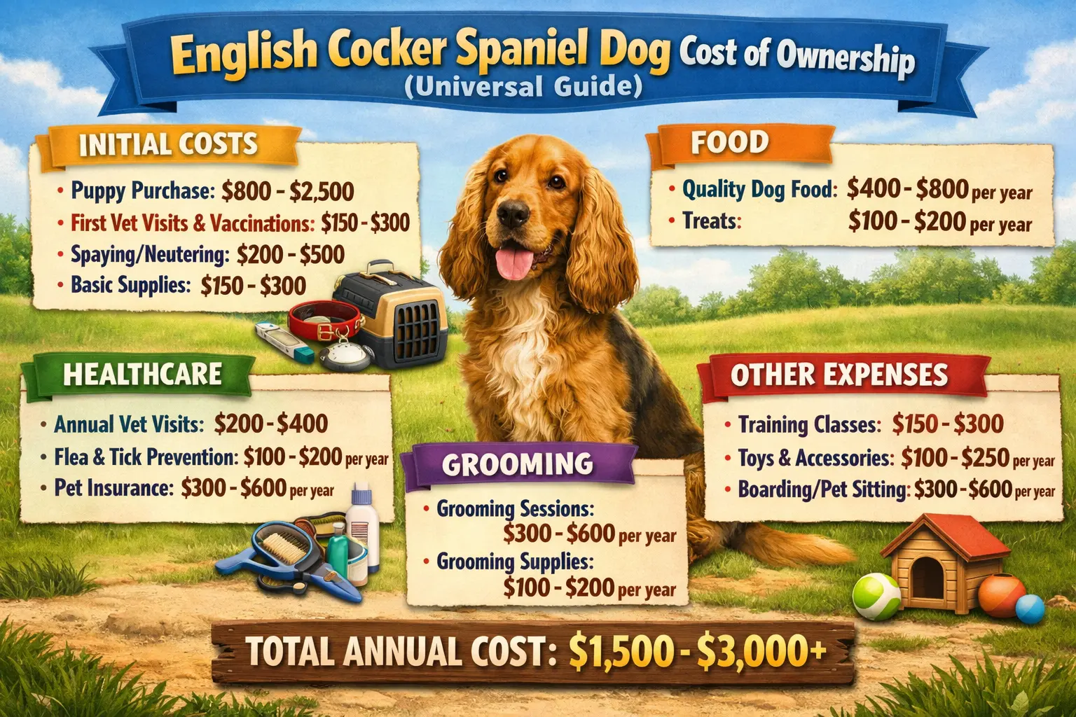 English Cocker Spaniel sitting outdoors, representing puppy price, grooming, vet care, and lifetime ownership costs