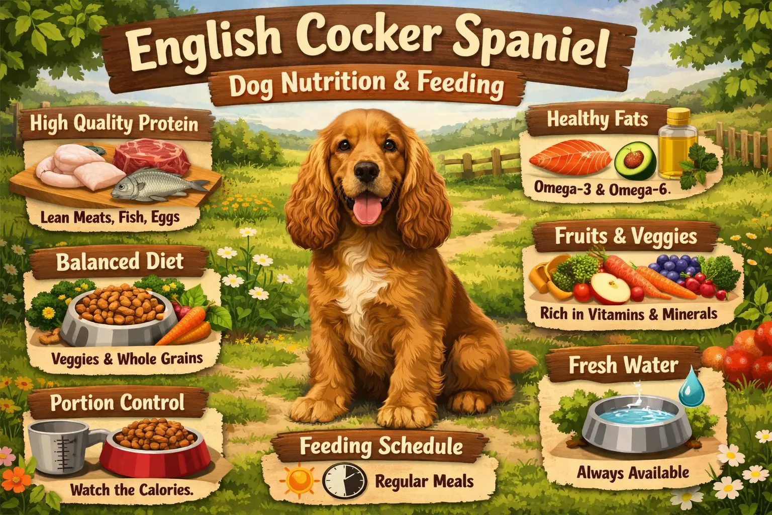 English Cocker Spaniel beside a bowl of healthy dog food for feeding chart guidance