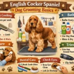 English Cocker Spaniel being brushed at home with silky feathered coat, grooming tools, and coat care routine