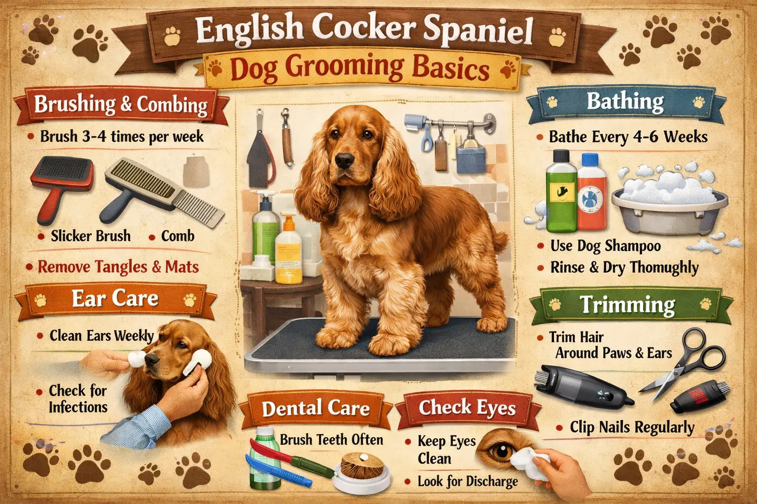 English Cocker Spaniel being brushed at home with silky feathered coat, grooming tools, and coat care routine