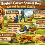 English Cocker Spaniel practicing obedience training outdoors with calm owner guidance