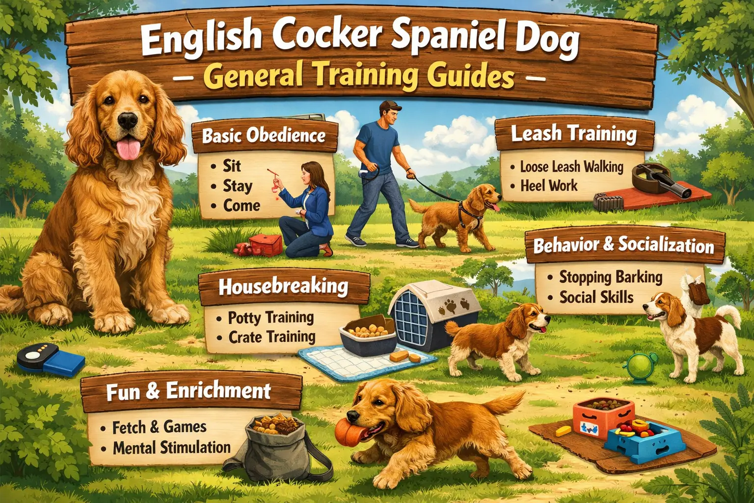 English Cocker Spaniel practicing obedience training outdoors with calm owner guidance