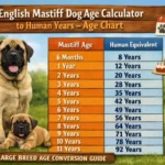 English Mastiff puppy and adult dog shown together to demonstrate growth, size changes, and life stages used in an English Mastiff age-to-human-years chart.