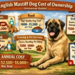 English Mastiff dog resting in a home environment, representing the long-term costs of food, space, veterinary care, and ownership for one of the largest dog breeds.
