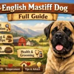 Massive English Mastiff dog with a broad body and wrinkled face resting calmly outdoors, showing the breed’s gentle temperament and typical fawn coat.