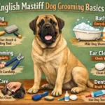 Short-haired English Mastiff dog being brushed, showing the breed’s thick skin, loose facial wrinkles, and basic grooming needs.