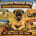 English Mastiff dog calmly practicing basic training, highlighting the breed’s slow-maturing nature, large size, and patient disposition.