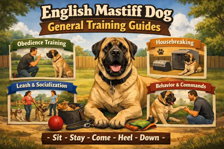 English Mastiff dog calmly practicing basic training, highlighting the breed’s slow-maturing nature, large size, and patient disposition.