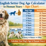 English Setter dog sitting outdoors, illustrating age stages from puppy to senior