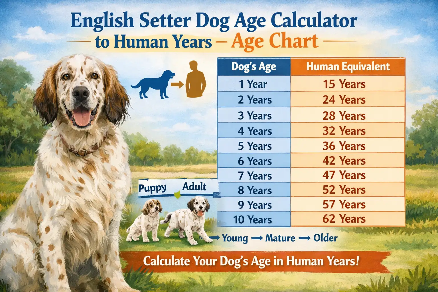 English Setter dog sitting outdoors, illustrating age stages from puppy to senior