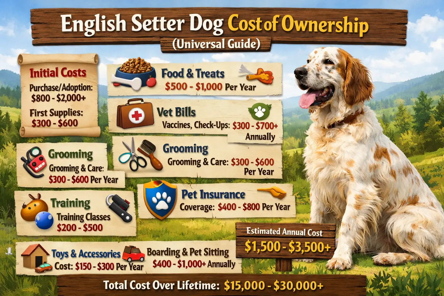 Adult English Setter standing in a yard showing size, coat, and posture for cost and care reference