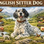 Adult English Setter dog standing in a grassy field with flowing white and orange belton coat