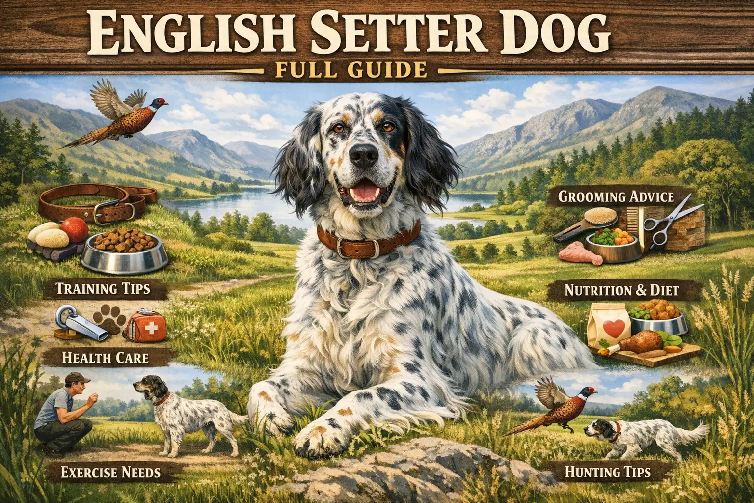 Adult English Setter dog standing in a grassy field with flowing white and orange belton coat