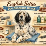 Adult English Setter with silky feathered coat being brushed at home