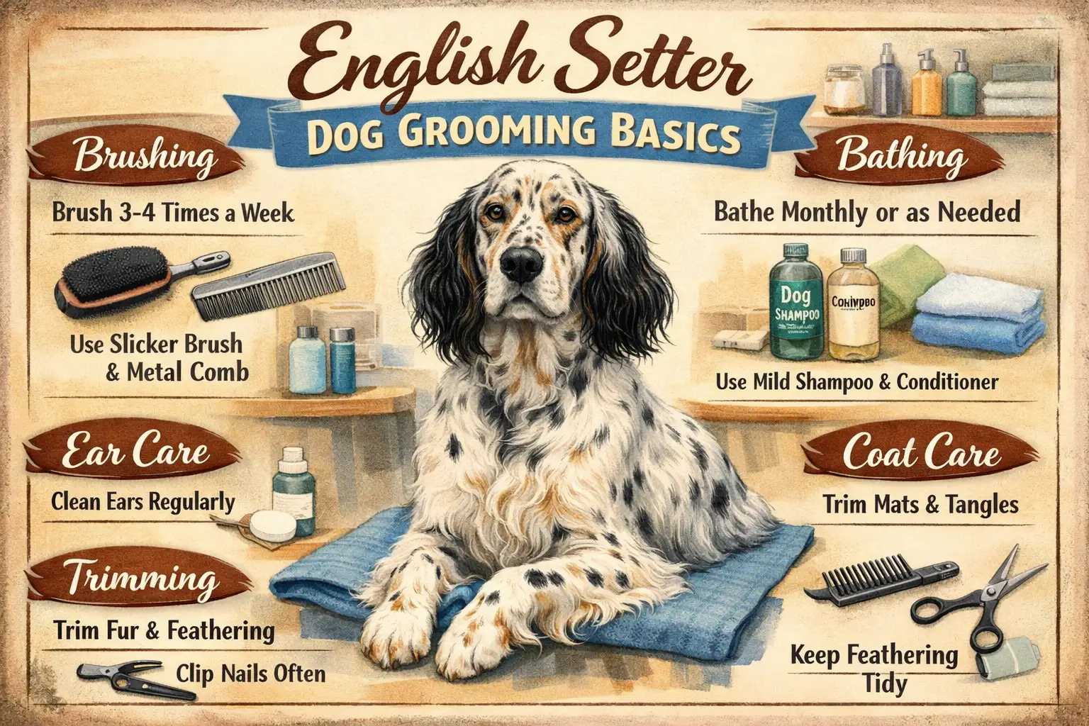 Adult English Setter with silky feathered coat being brushed at home