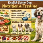 Adult English Setter standing outdoors next to a dog bowl, showing healthy coat and body condition