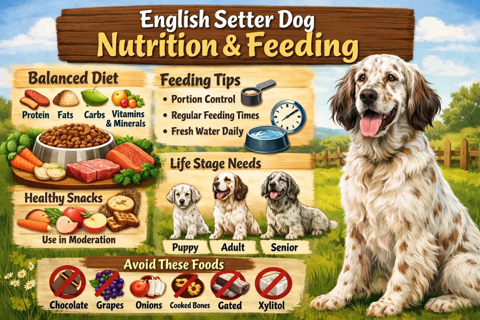 Adult English Setter standing outdoors next to a dog bowl, showing healthy coat and body condition