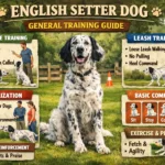 Adult English Setter dog practicing obedience and focus during a training session outdoors