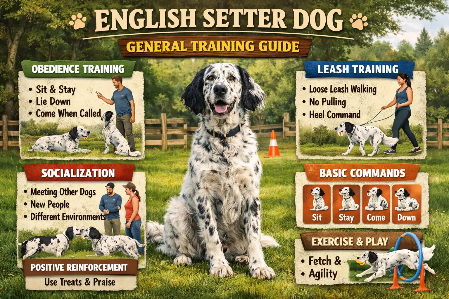 Adult English Setter dog practicing obedience and focus during a training session outdoors