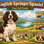 English Springer Spaniel with a black and white coat standing in a field, showing long ears, feathered legs, and friendly expression